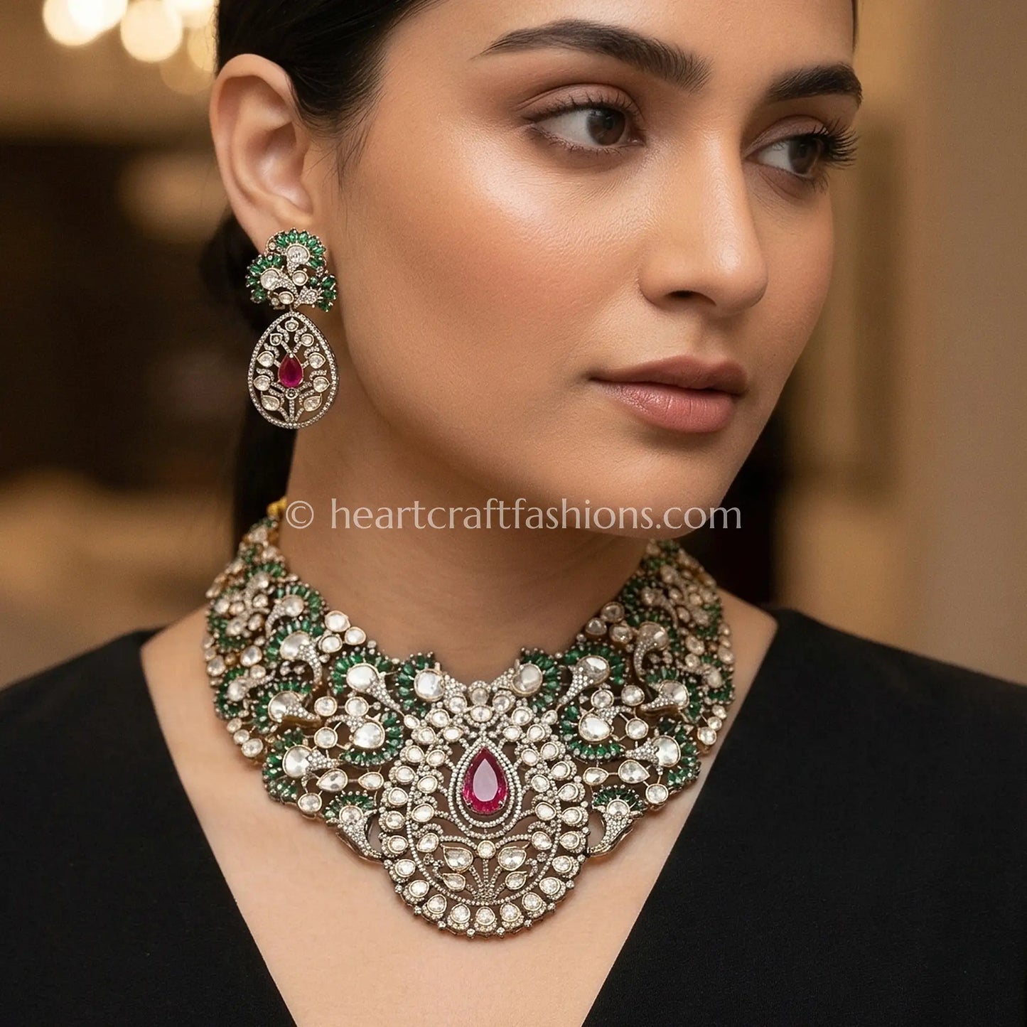 Victorian Moissanite Polki Emerald Ruby Statement Necklace Set