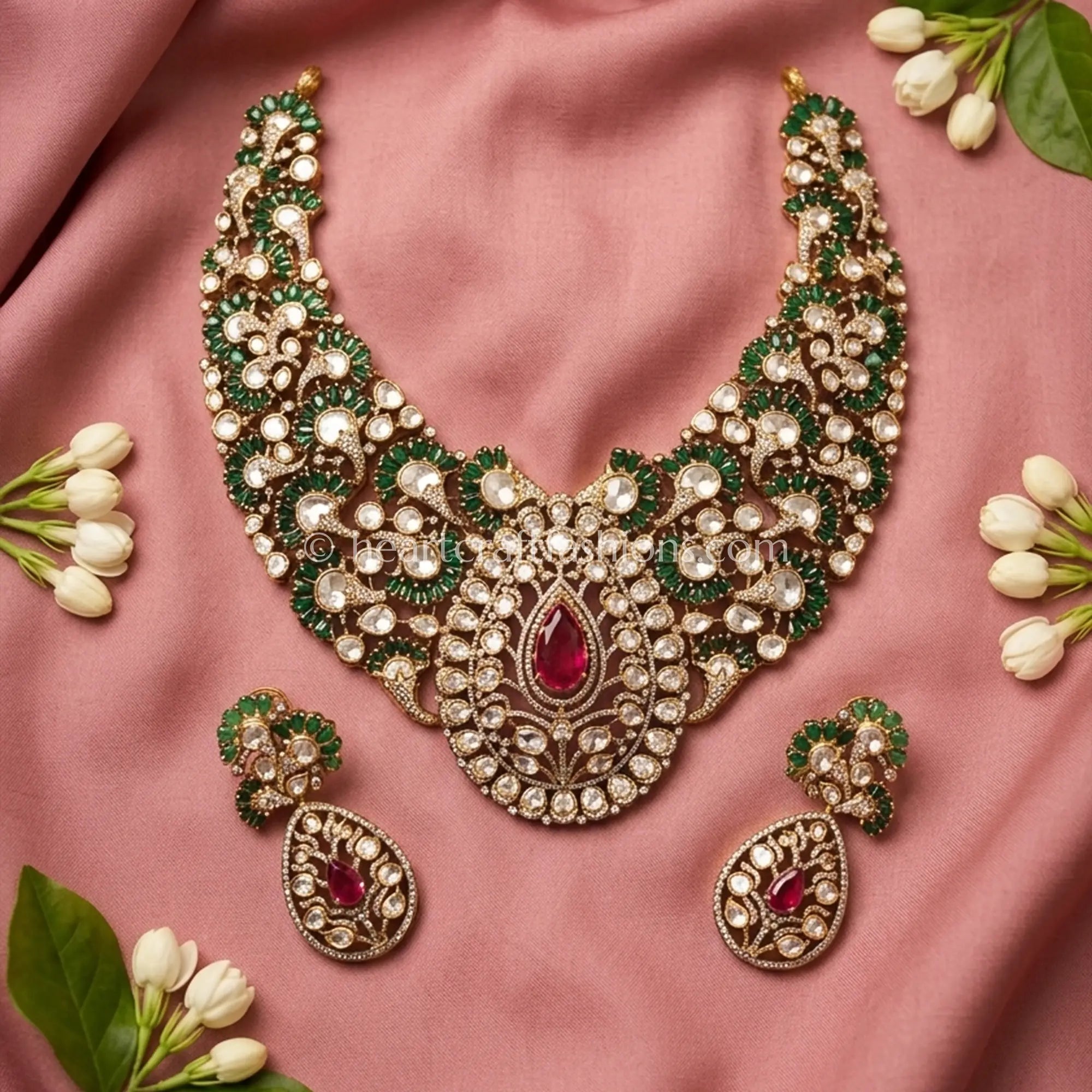Victorian Moissanite Polki Emerald Ruby Statement Necklace Set