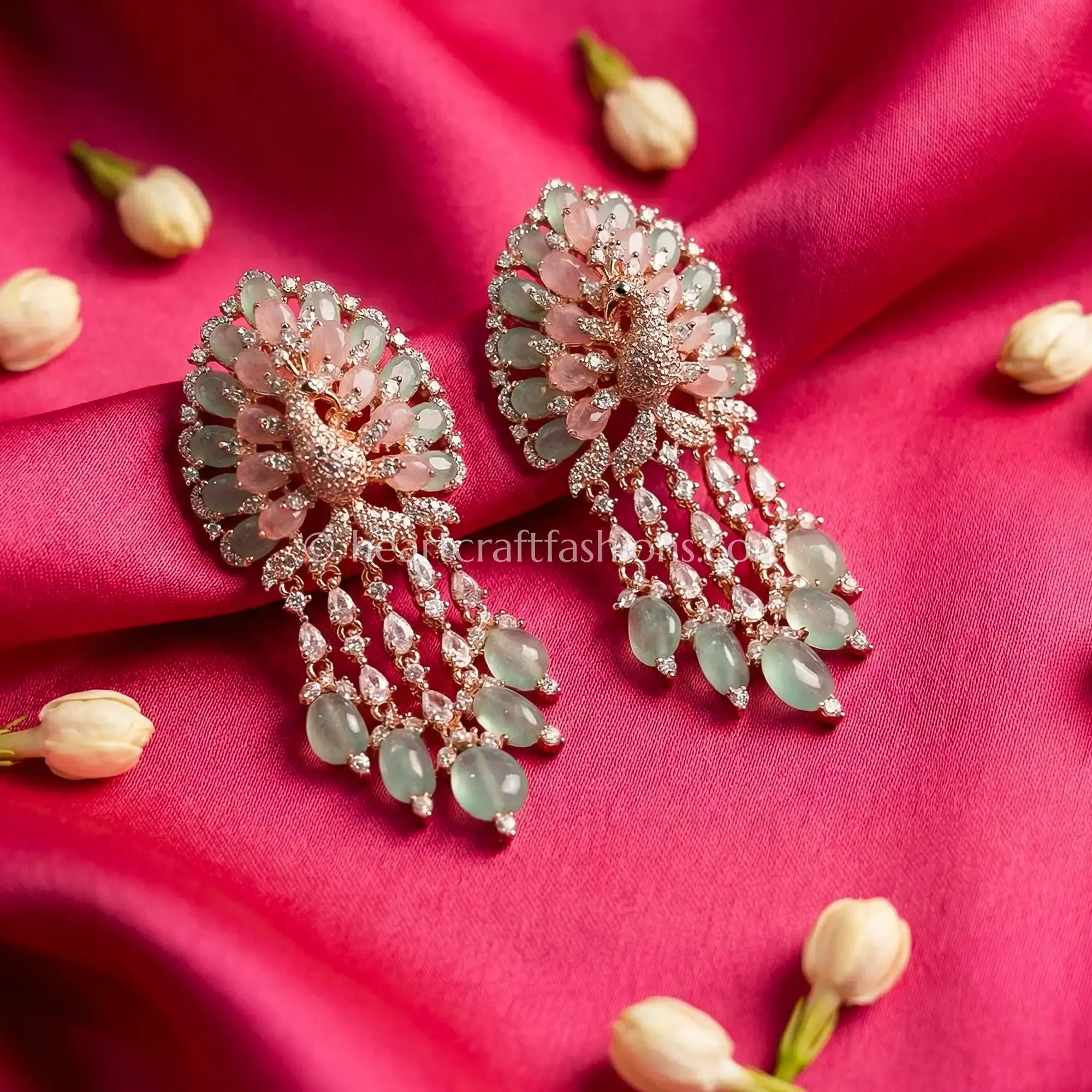 Zircon Floral Drop Earrings – Rose Gold Pastel Pink & Mint