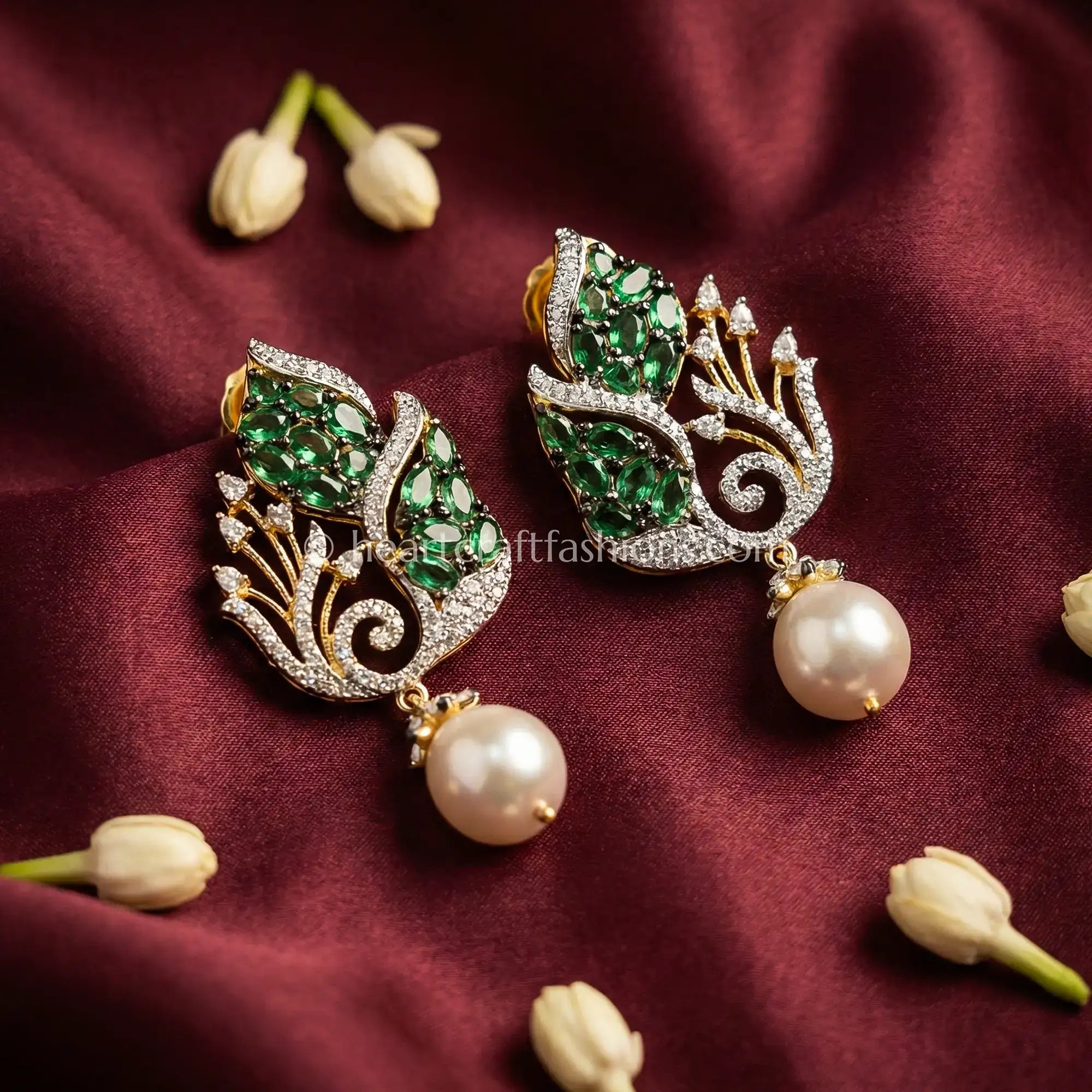 Zircon Pearl Drop Earrings – Emerald Green