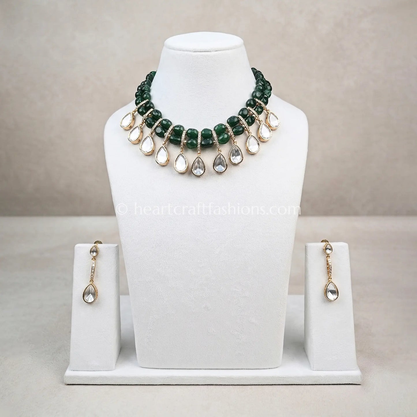 Sunehri Uncut Kundan & Semi-Precious Emerald Green Bead Choker Set