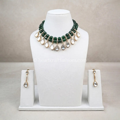 Sunehri Uncut Kundan & Semi-Precious Emerald Green Bead Choker Set