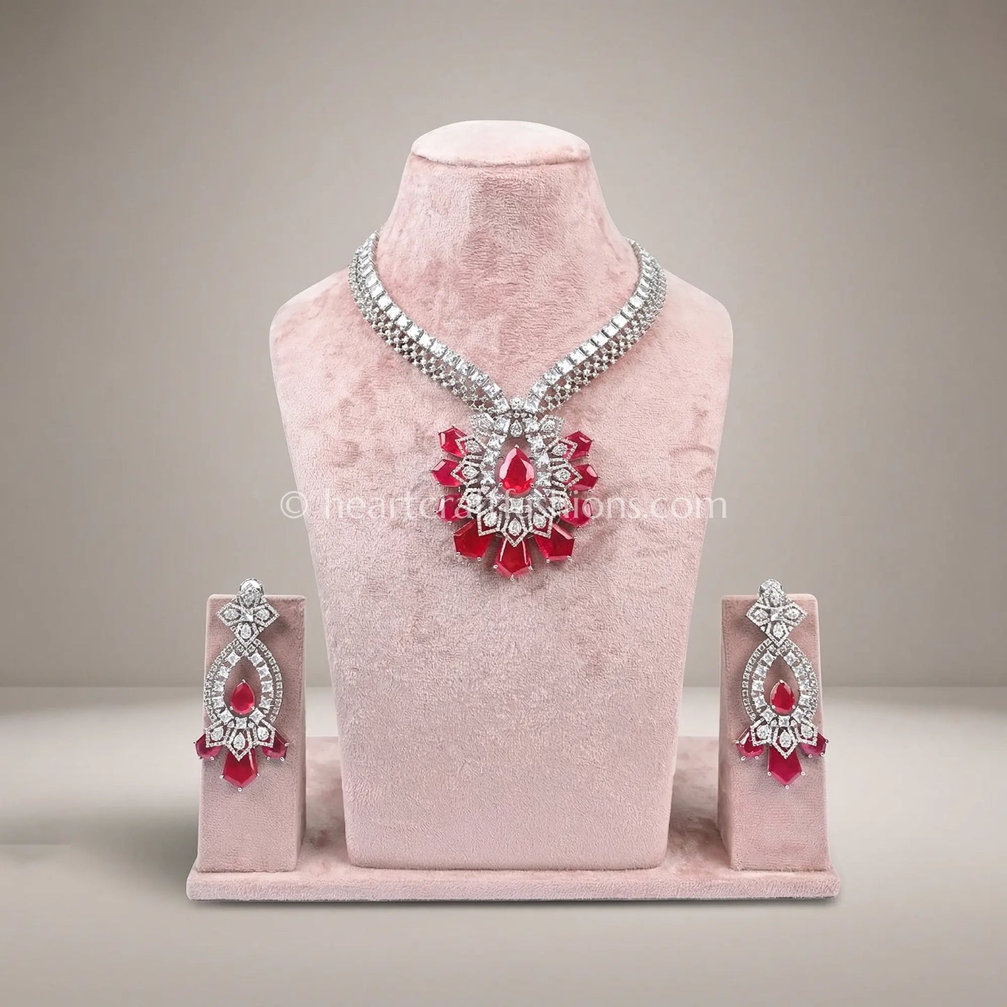 Ruby Red Radiant Fan Pendant Zircon Set