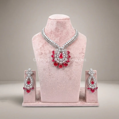 Ruby Red Radiant Fan Pendant Zircon Set
