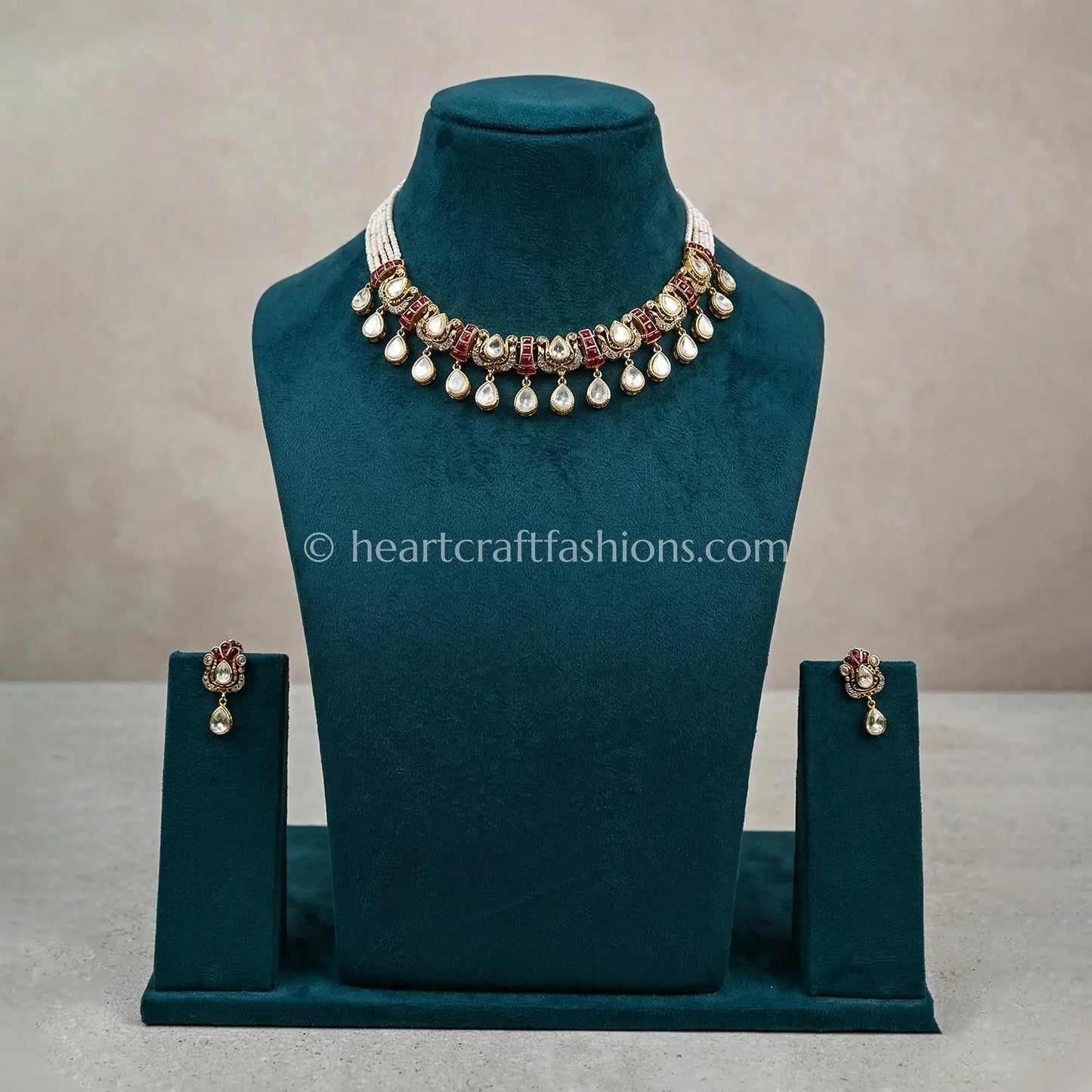 Royal Moissanite Polki & Ruby Red Crescent Choker Set