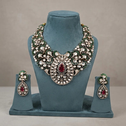 Victorian Moissanite Polki Emerald Ruby Statement Necklace Set