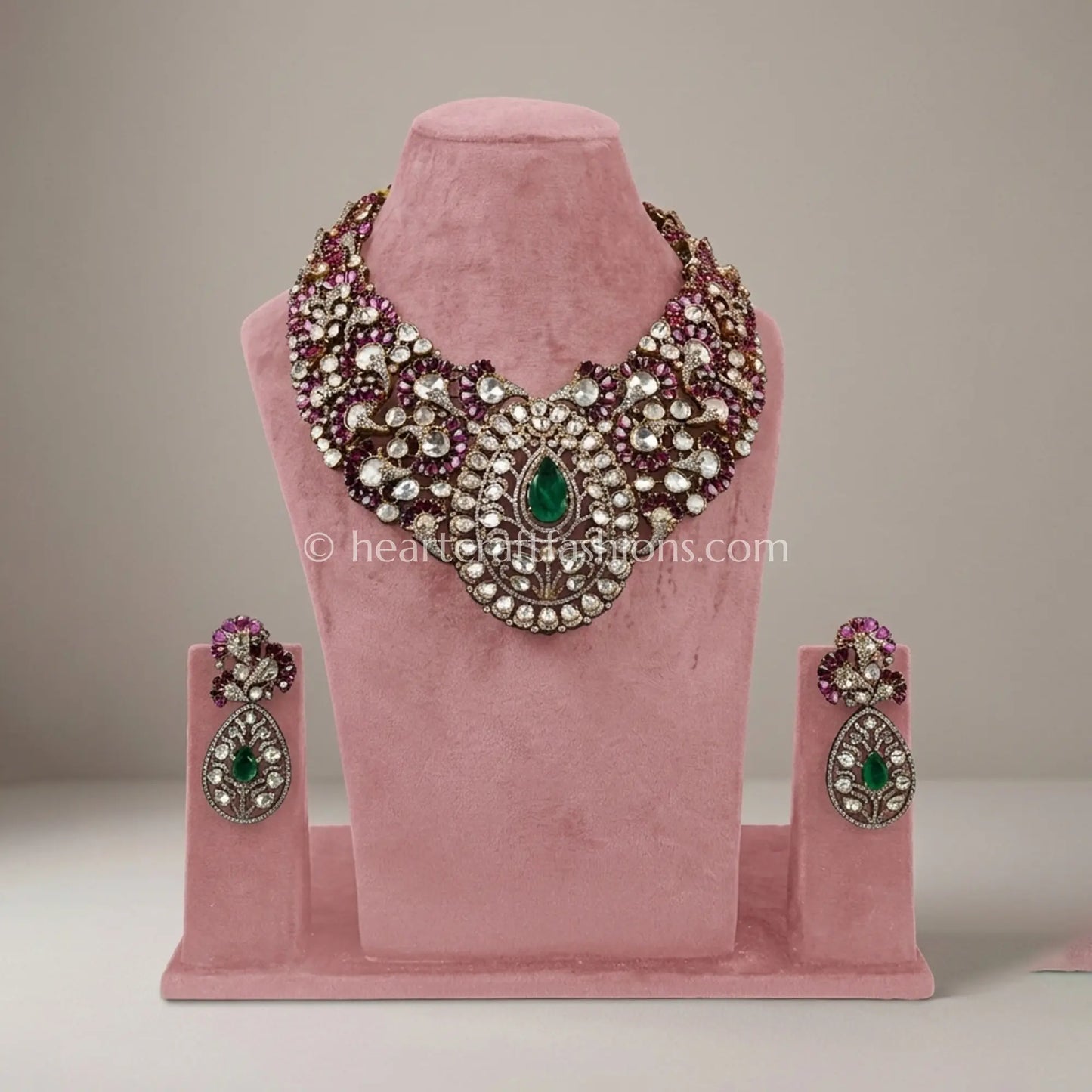 Victorian Moissanite Polki Emerald Ruby Bridal Necklace Set