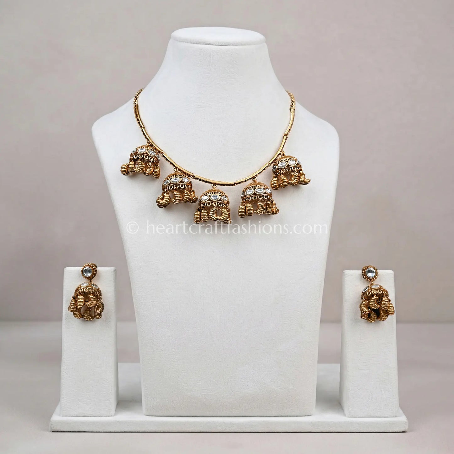 Amrapali-Inspired Antique Gold Hasli with Multi-Jhumka Charms & Kundan Accents