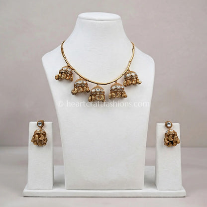 Amrapali-Inspired Antique Gold Hasli with Multi-Jhumka Charms & Kundan Accents