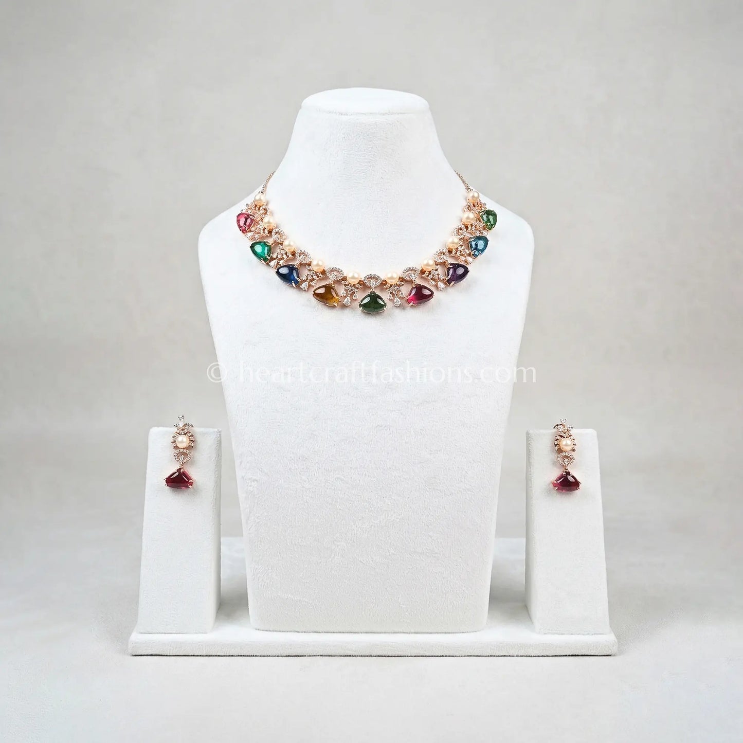 Navratna Cabochon & Pearl Rose Gold Choker Set