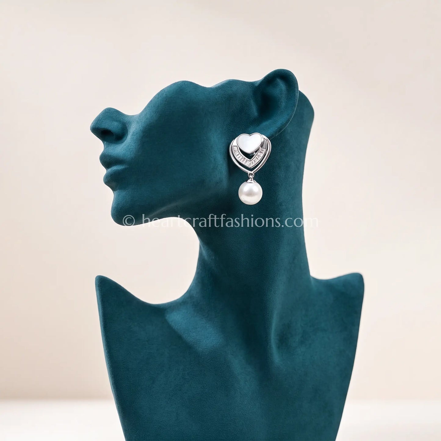 Pure Silver Mother-of-Pearl Heart & Baguette Earrings with Pearl Drop – Hallmarked