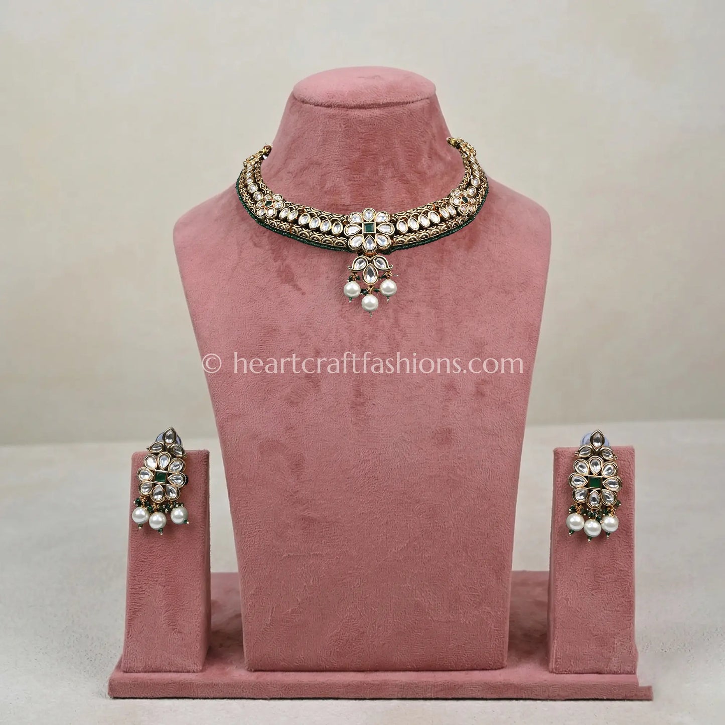 Royal Kundan Hasli & Emerald Green Bead Accent Choker Set with Pearl Drops