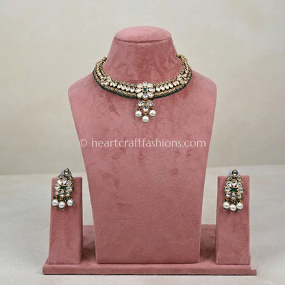 Royal Kundan Hasli & Emerald Green Bead Accent Choker Set with Pearl Drops