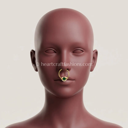 Minimal Emerald Teardrop Pachi Kundan Ring Nath