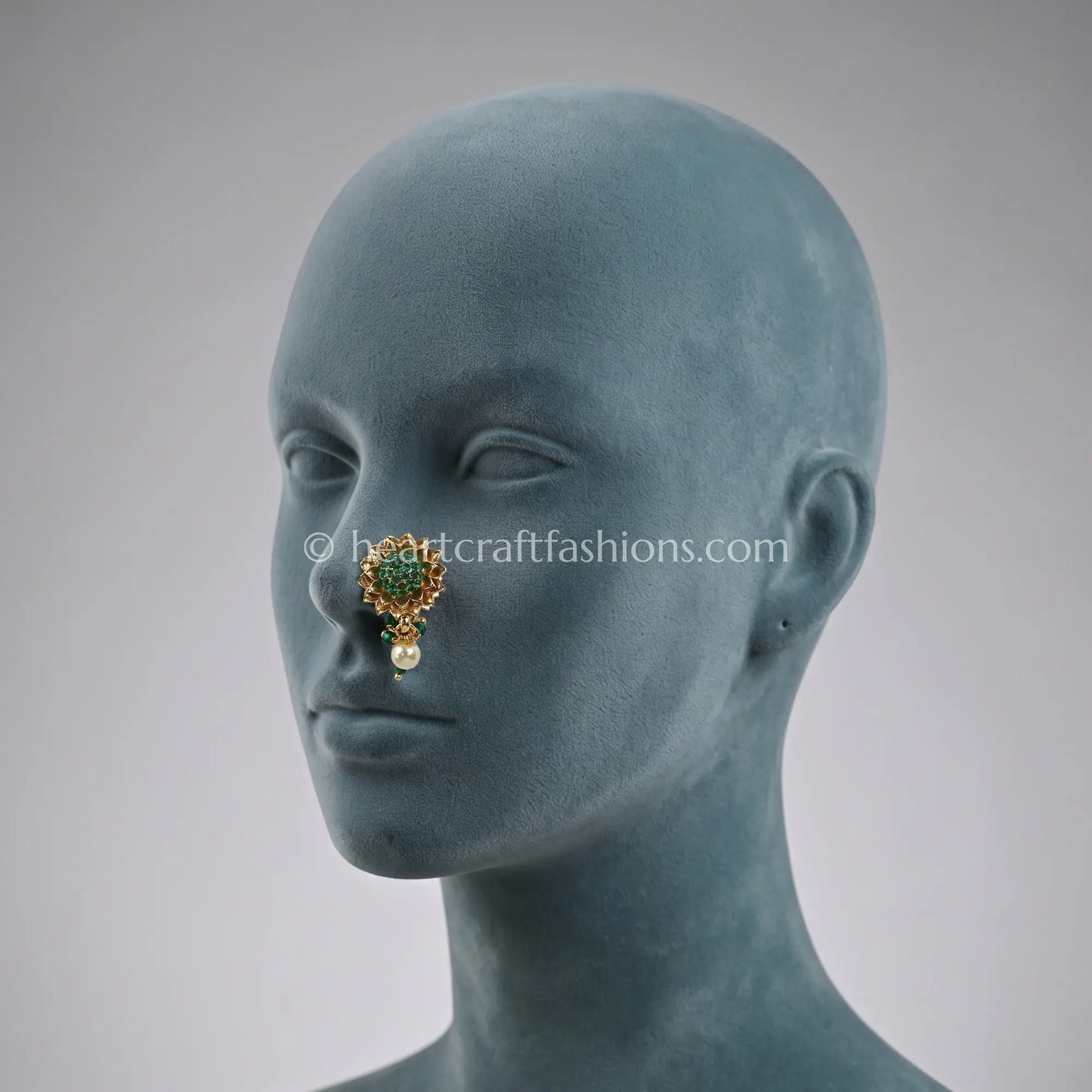 Emerald Lotus Flower Pearl Drop Maharashtrian Nath