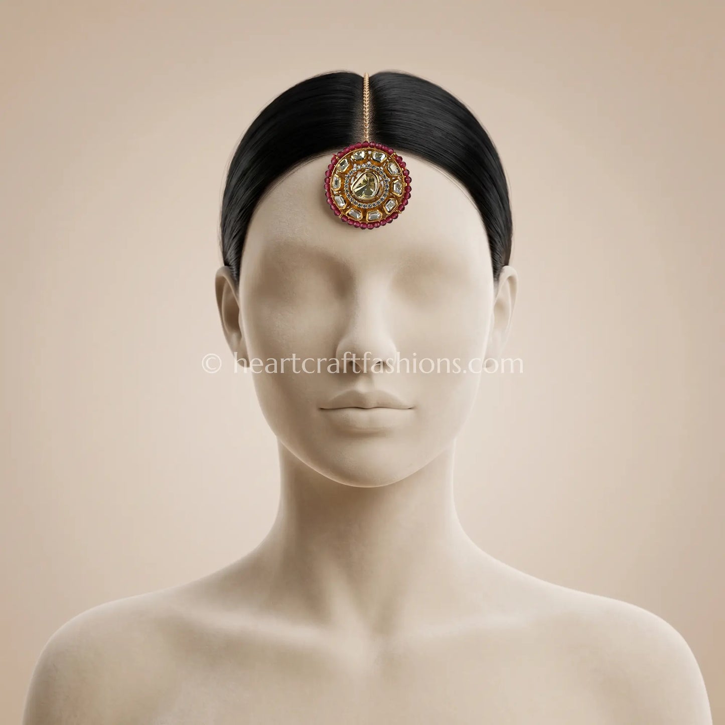 Royal Moissanite Champagne Kundan Borla with Ruby Bead Border