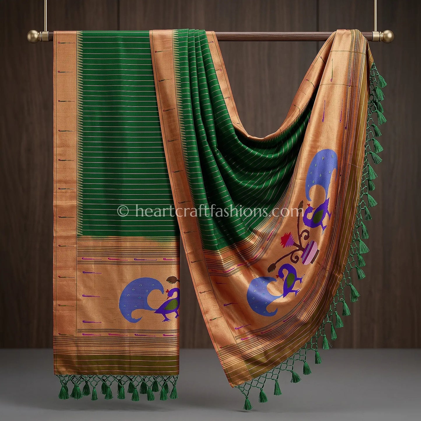 Emerald Green Peacock Detailing Pure Paithani Handloom Silk Dupatta