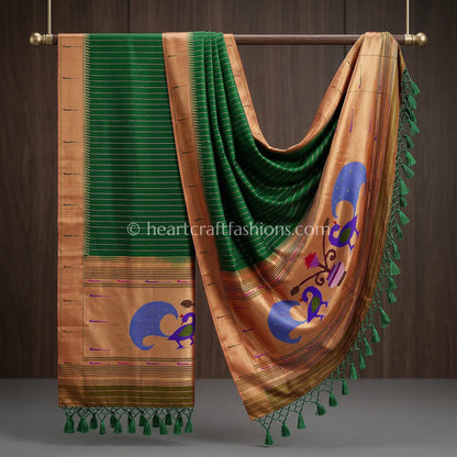 Emerald Green Peacock Detailing Pure Paithani Handloom Silk Dupatta
