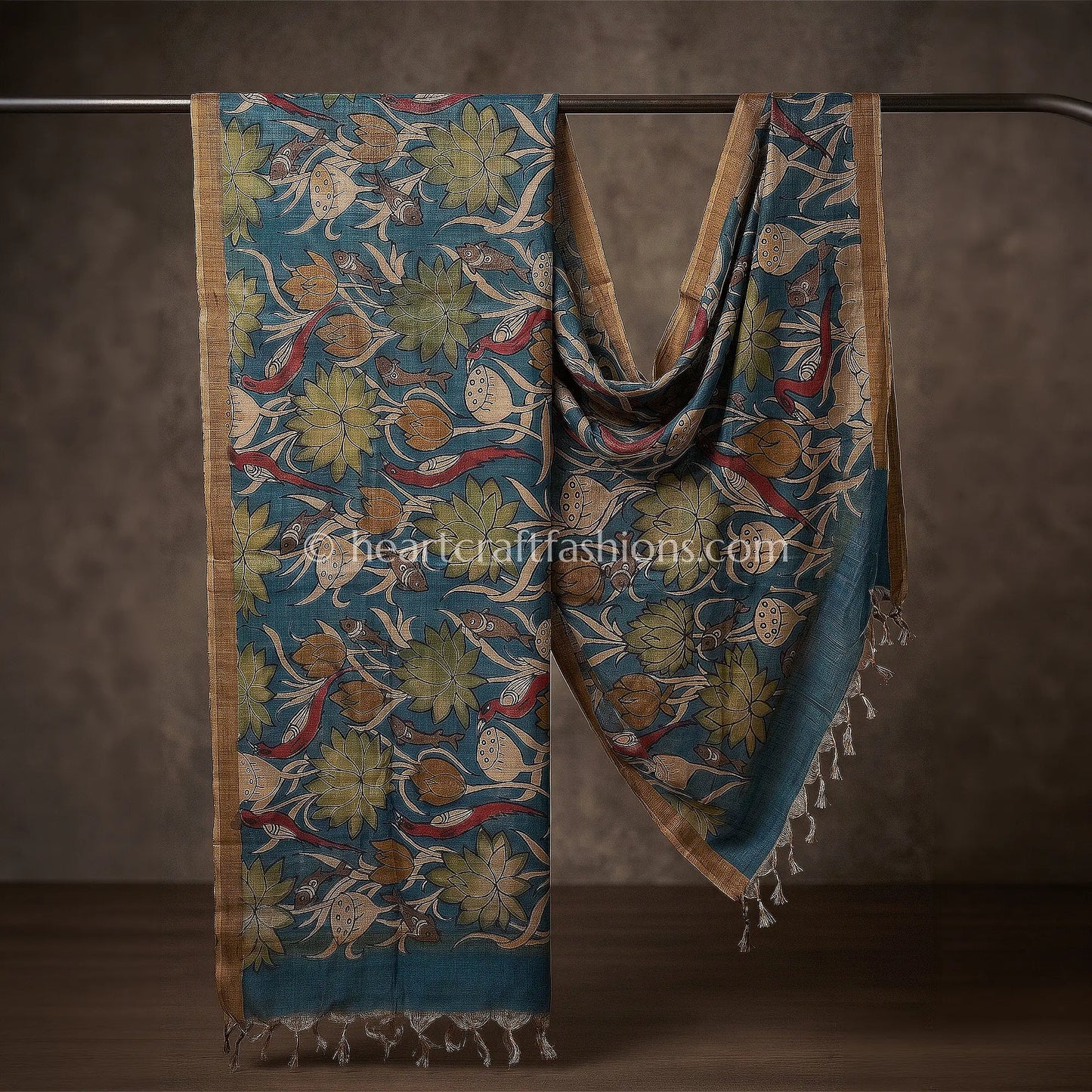 Teal Blue Tusser Kalamkari Dupatta