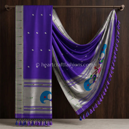 Royal Violet Pure Paithani Handloom Silk Dupatta With Silver Zari