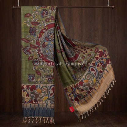 Olive Green Tusser Kalamkari Peacock Circle Dupatta