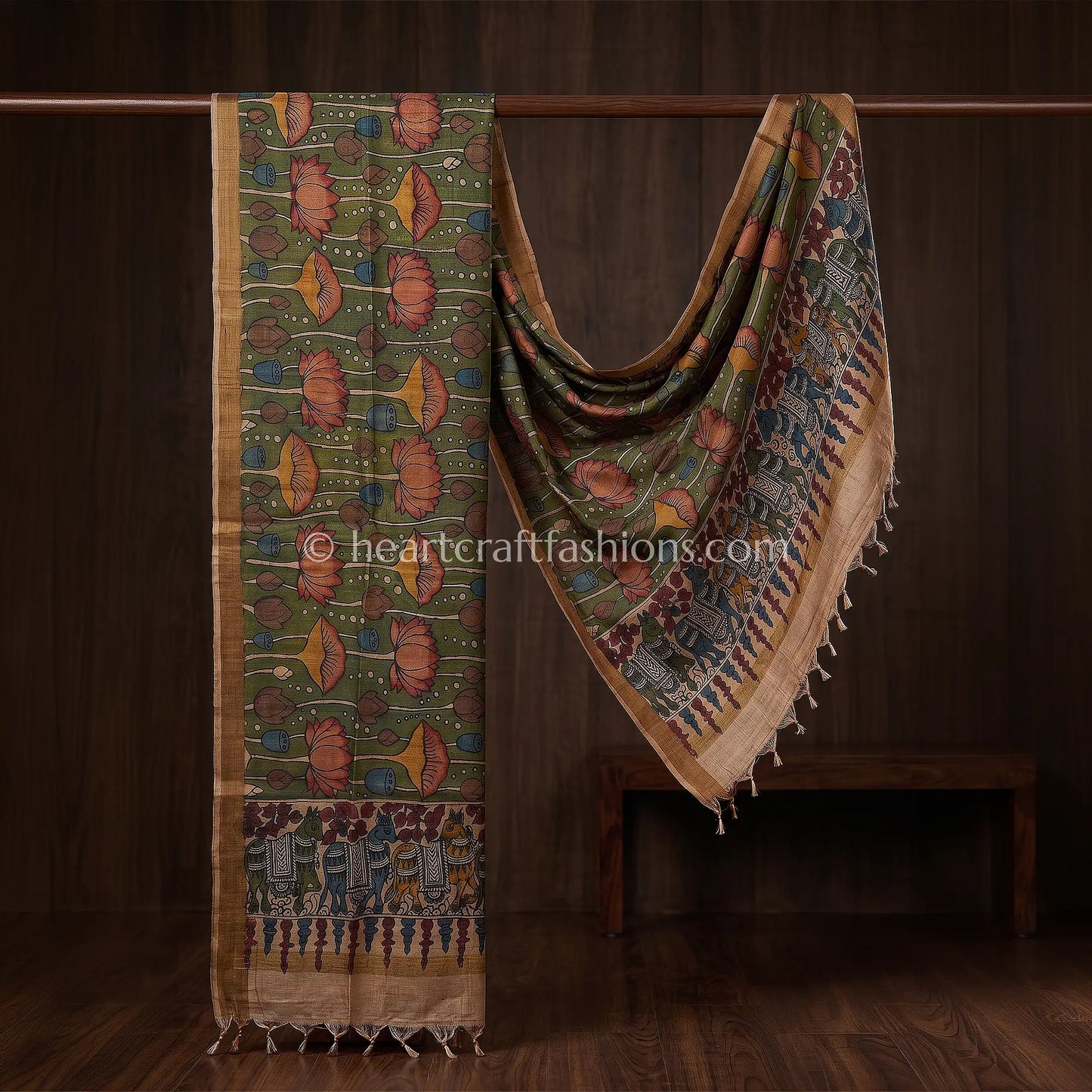 Olive Green Tusser Kalamkari Lotus Dupatta