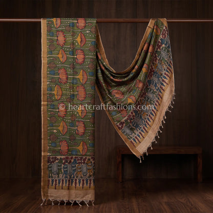 Olive Green Tusser Kalamkari Lotus Dupatta
