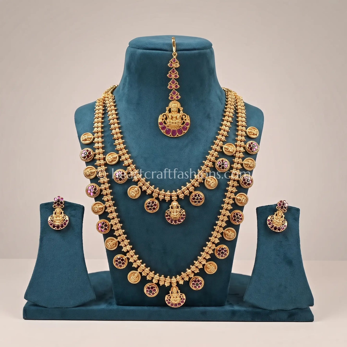 Divine Lakshmi Matte Gold Layered Kasu Mala Temple Jewellery Set