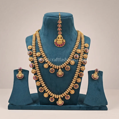 Divine Lakshmi Matte Gold Layered Kasu Mala Temple Jewellery Set