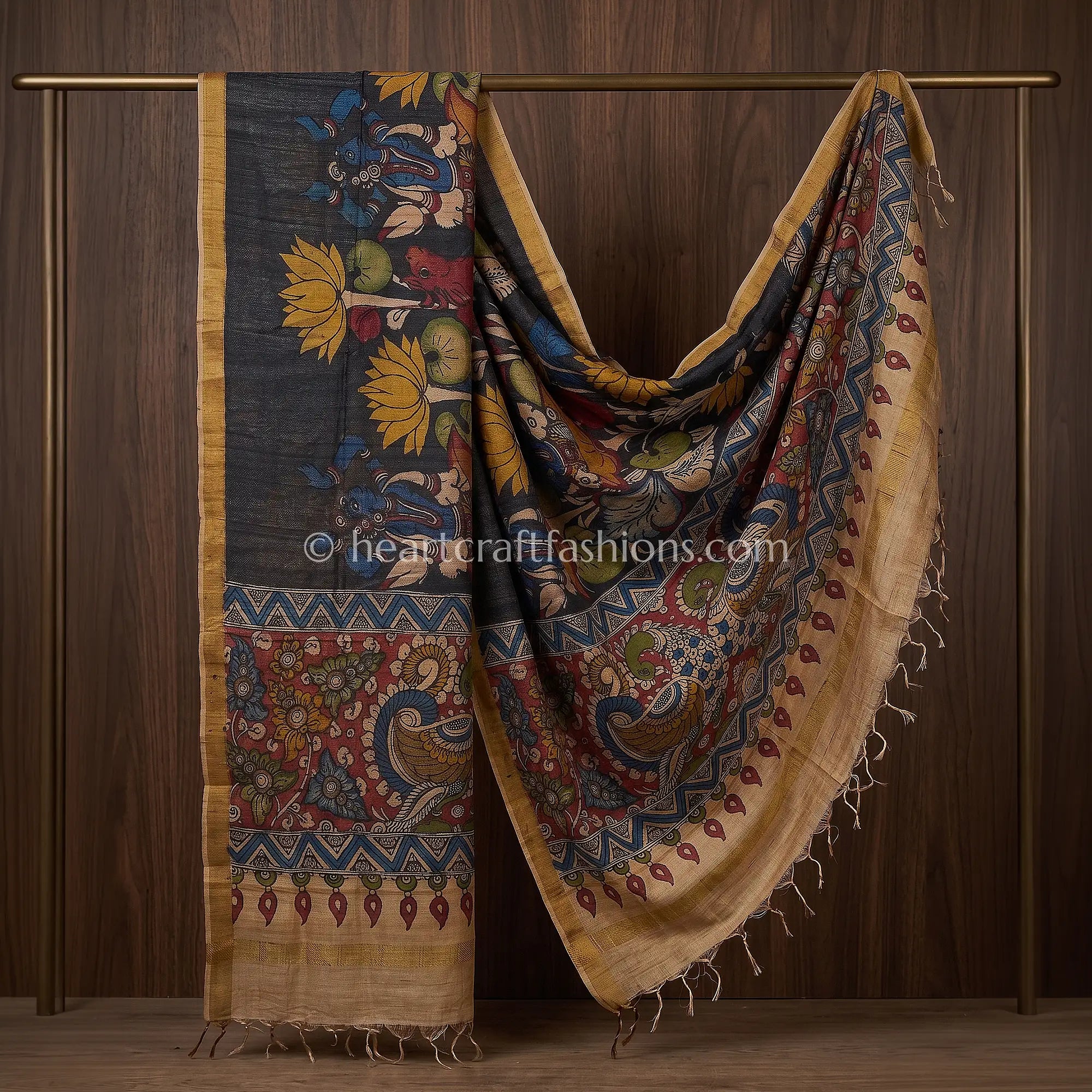 Charcoal Black Tusser Kalamkari Peacock Dupatta