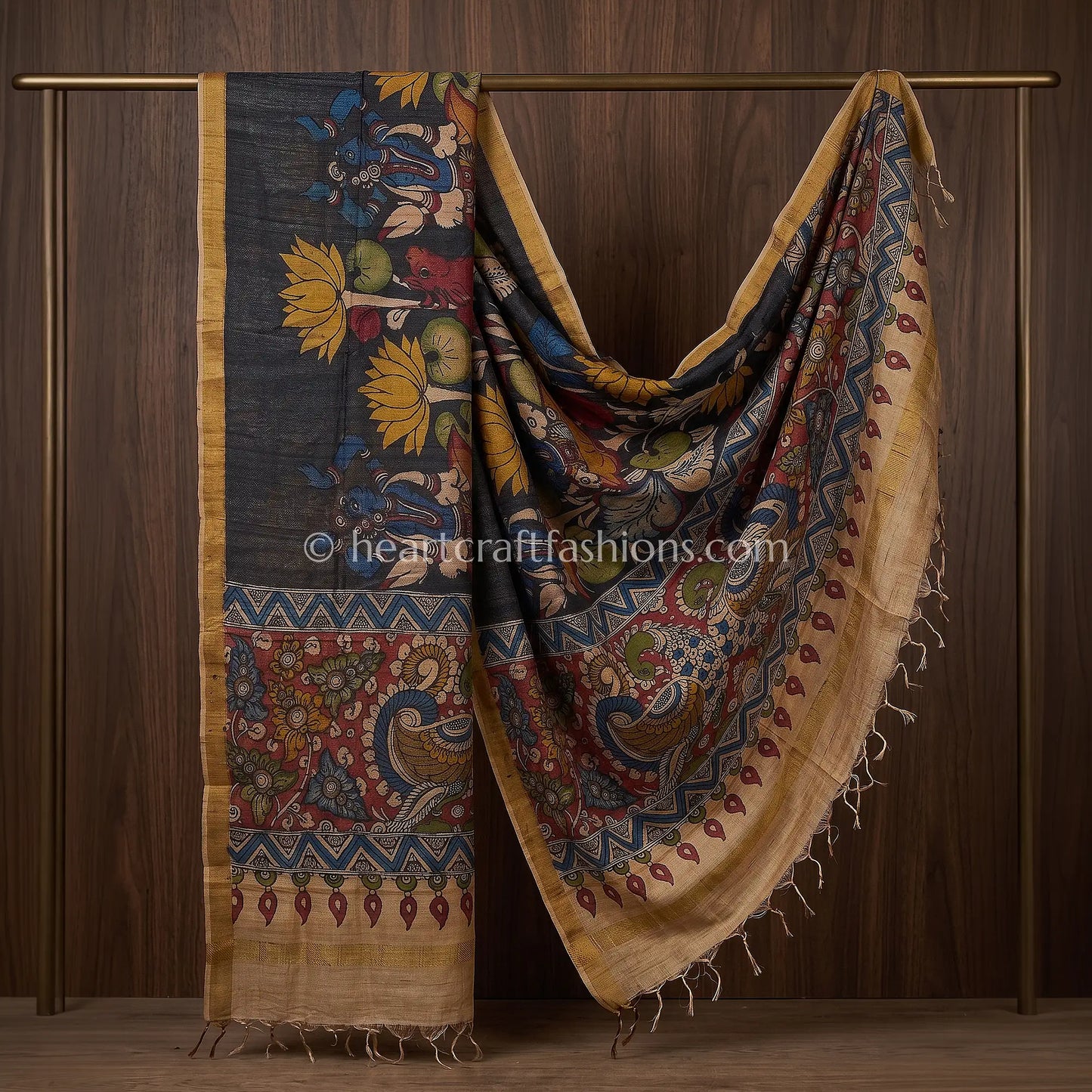 Charcoal Black Tusser Kalamkari Peacock Dupatta