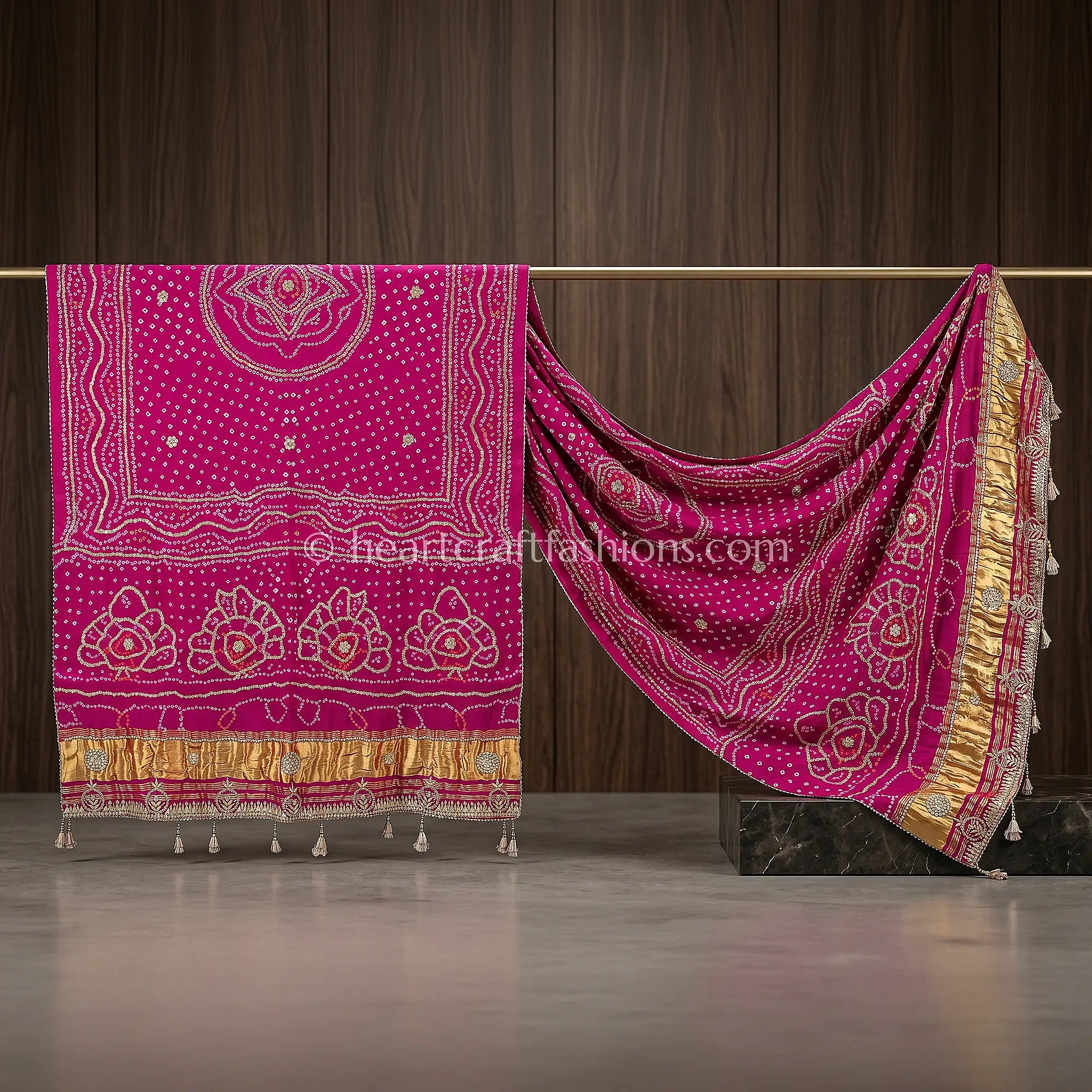 Royal Rani Pink Pure Gajji Silk Bandhej Handwork Gota Patti Dupatta