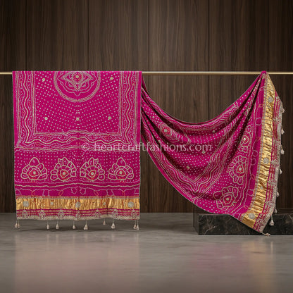 Royal Rani Pink Pure Gajji Silk Bandhej Handwork Gota Patti Dupatta