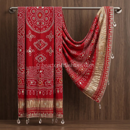 Royal Red Pure Gajji Silk Bandhej Handwork Gota Patti Dupatta