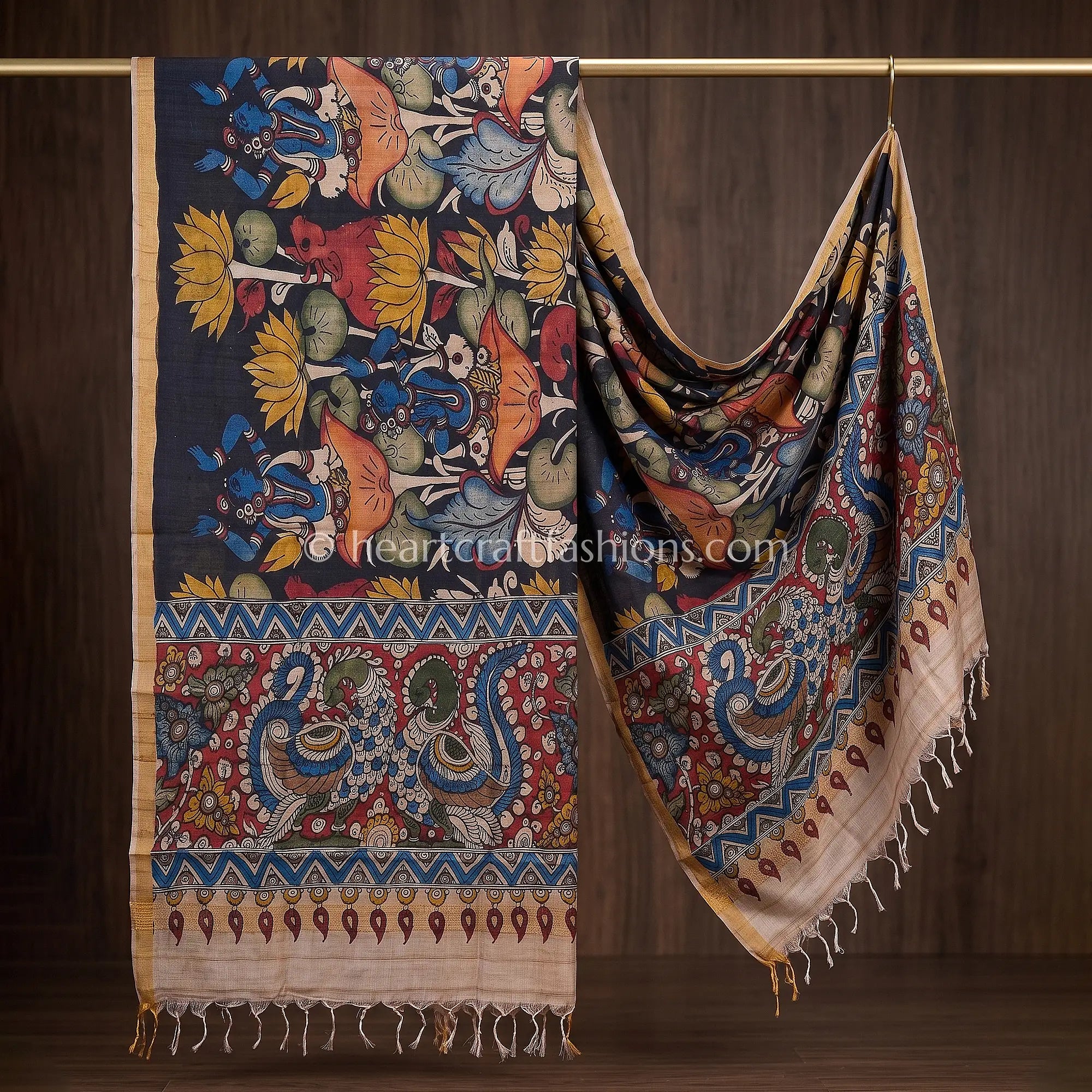 Black Tusser Kalamkari Peacock Pallu Dupatta