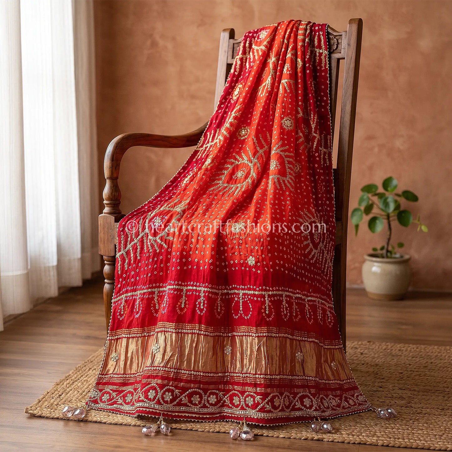 Red Orange Chundari Pure Gajji Silk Bandhej Handwork Gota Patti Dupatta