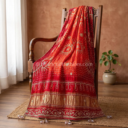 Red Orange Chundari Pure Gajji Silk Bandhej Handwork Gota Patti Dupatta