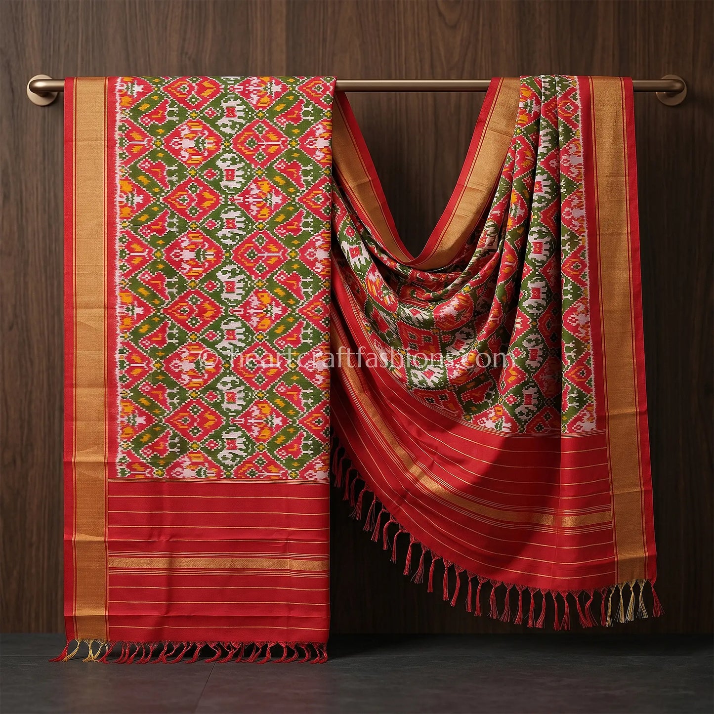 Red & Olive Patola Silk Dupatta