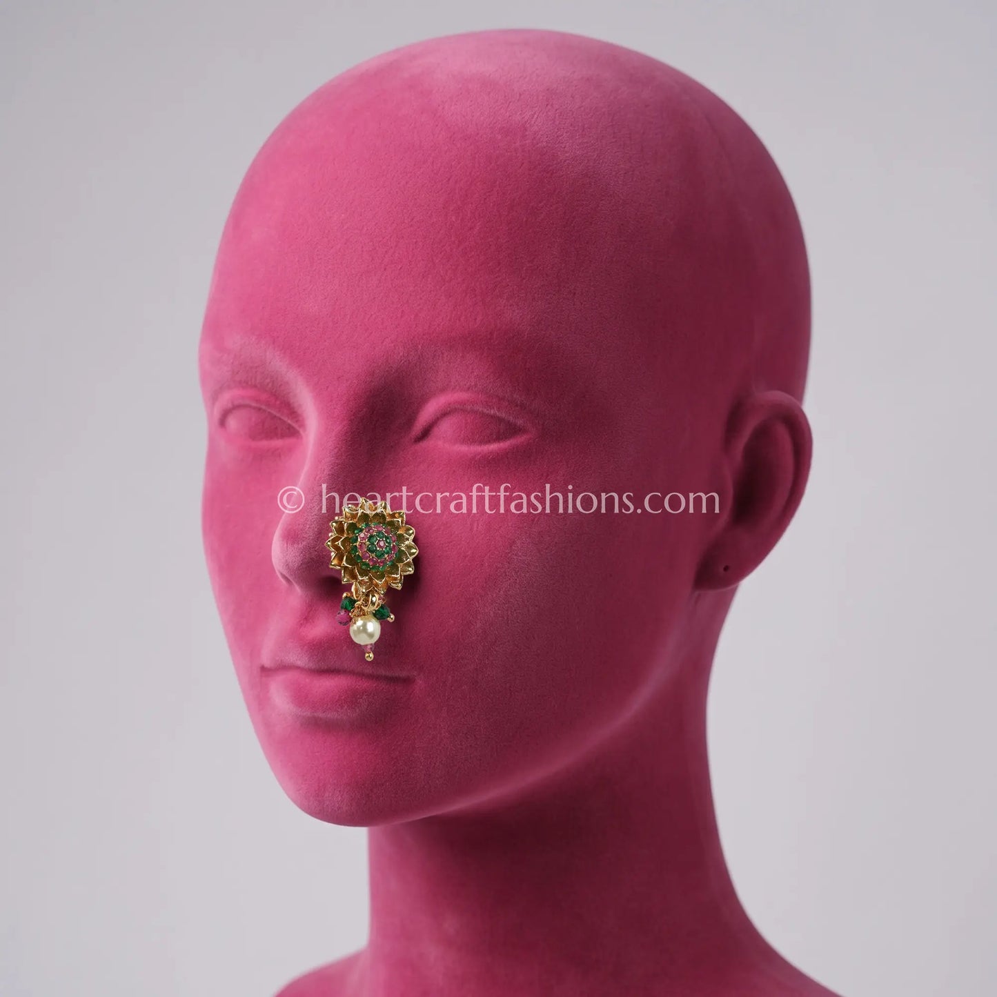 Dual-Tone Ruby & Emerald Lotus Flower Maharashtrian Nath