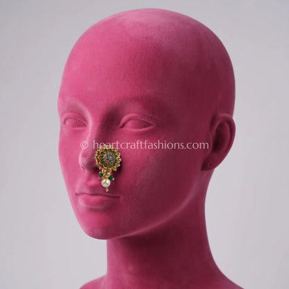 Dual-Tone Ruby & Emerald Lotus Flower Maharashtrian Nath