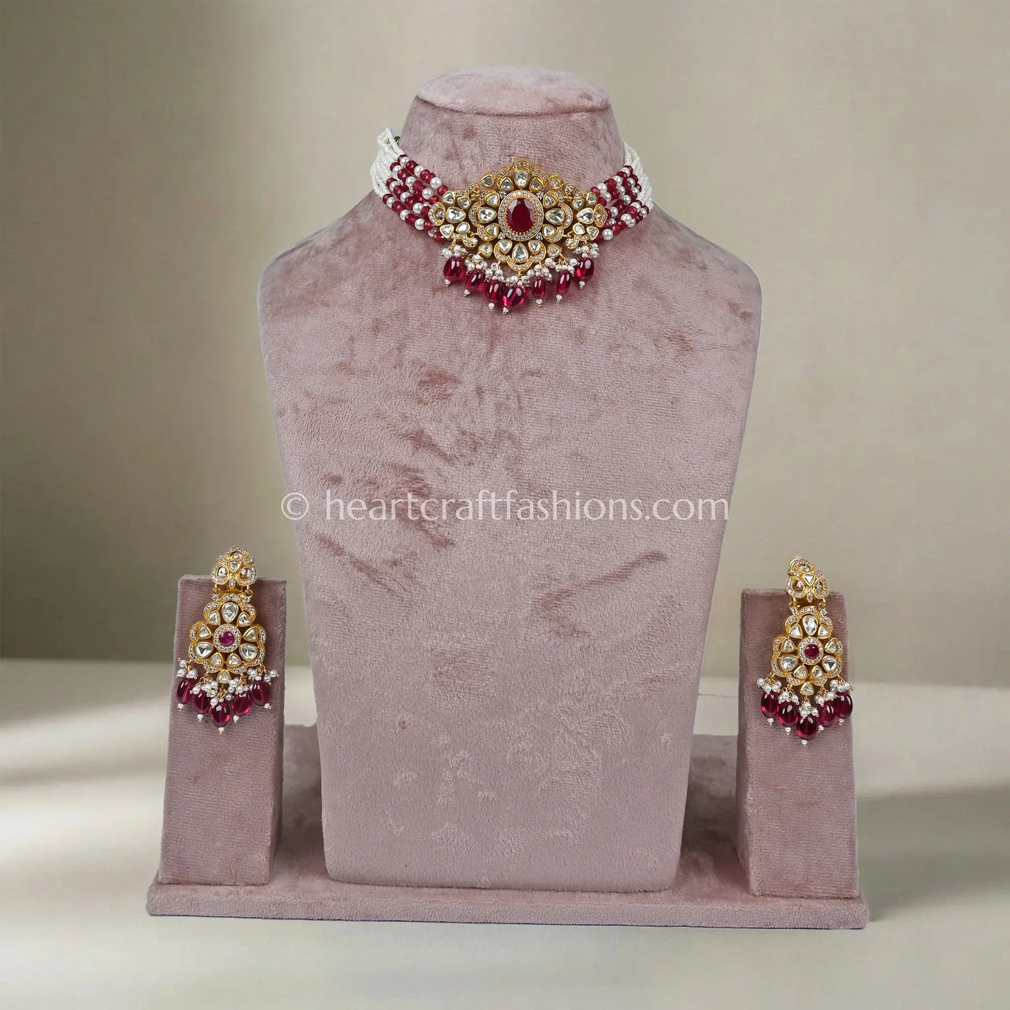 Ruby Bead Moissanite Polki Pearl Choker Set