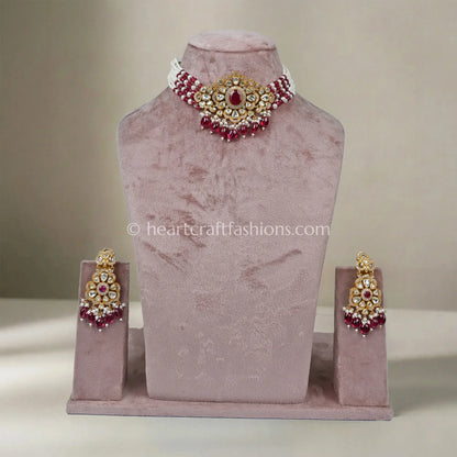 Ruby Bead Moissanite Polki Pearl Choker Set