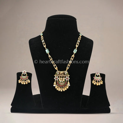 Mint Green Heritage Pachi Kundan Pendant Necklace Set