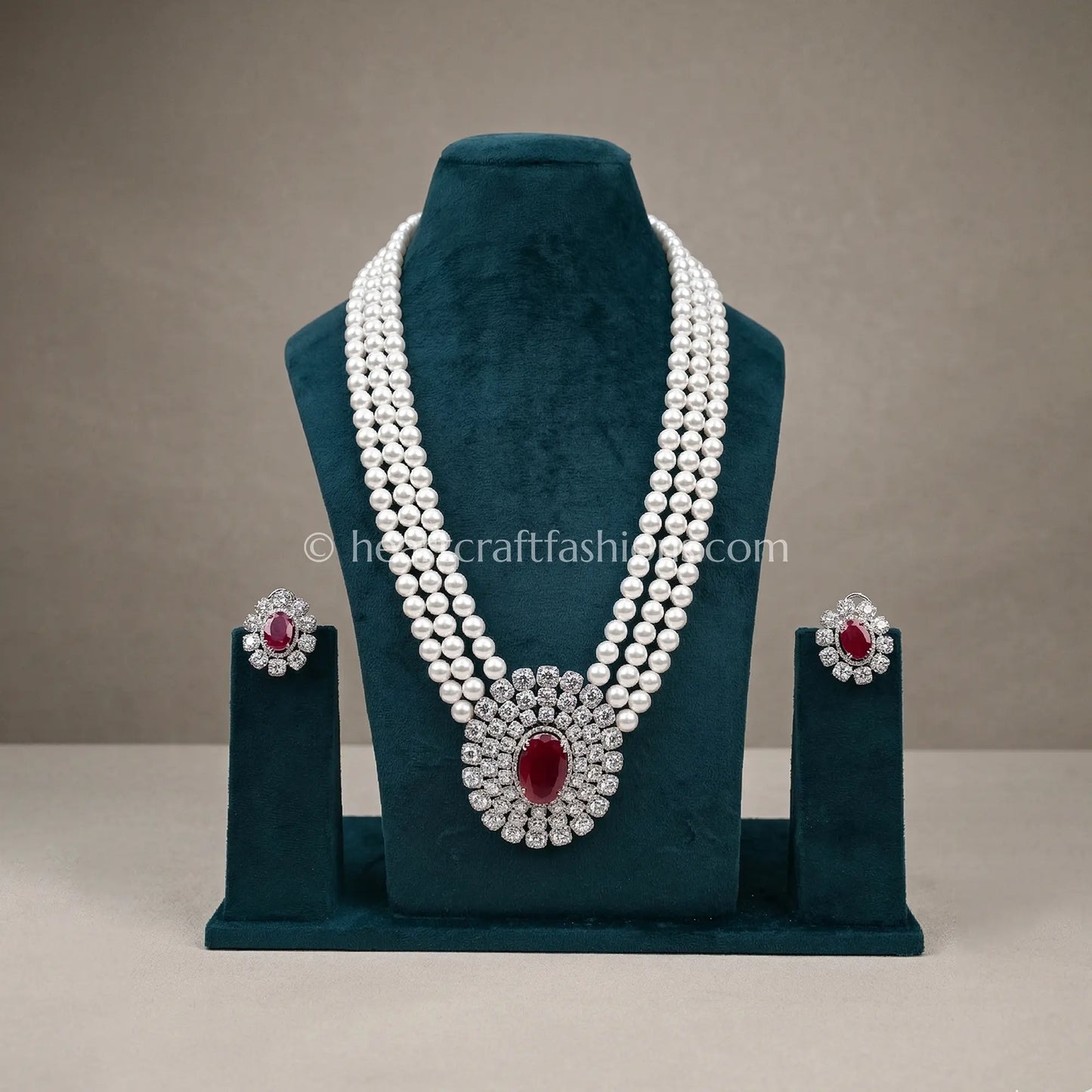 Triple-Strand Pearl Rani Haar with Ruby Medallion