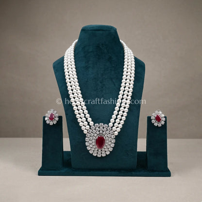 Triple-Strand Pearl Rani Haar with Ruby Medallion