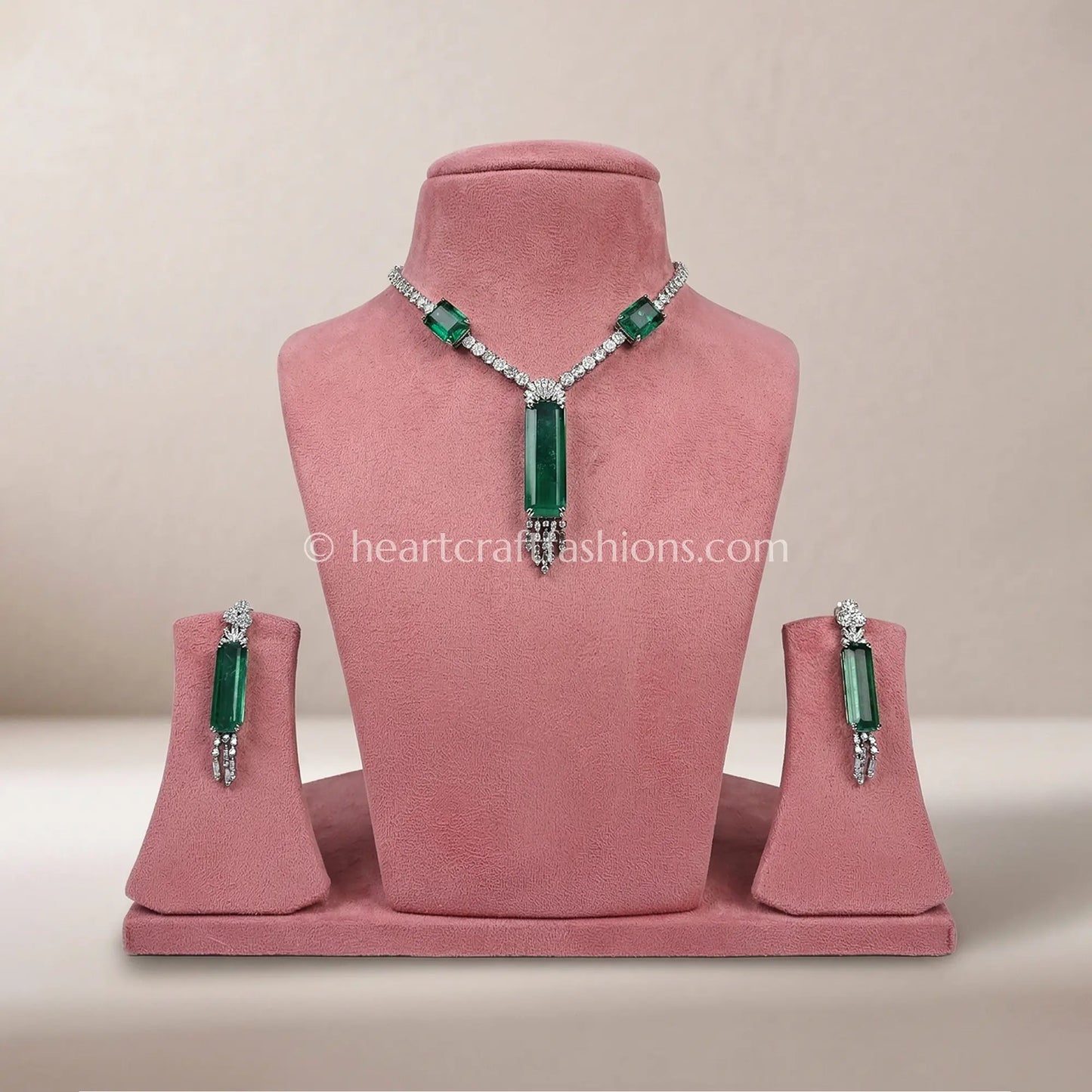 Elongated Emerald Bar Fringe Y-Necklace Set