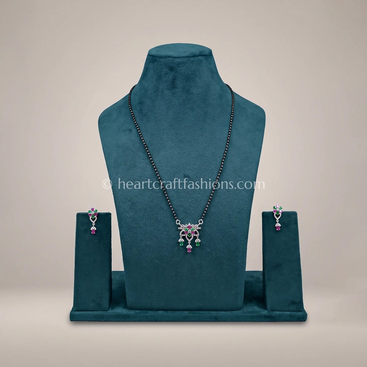 Pure Silver Emerald & Ruby Floral Mangalsutra Set – Hallmarked