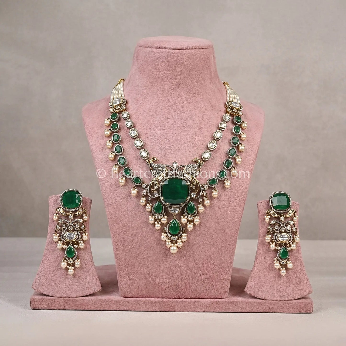 Majestic Sunehri Kundan Green Doublet Peacock Statement Necklace