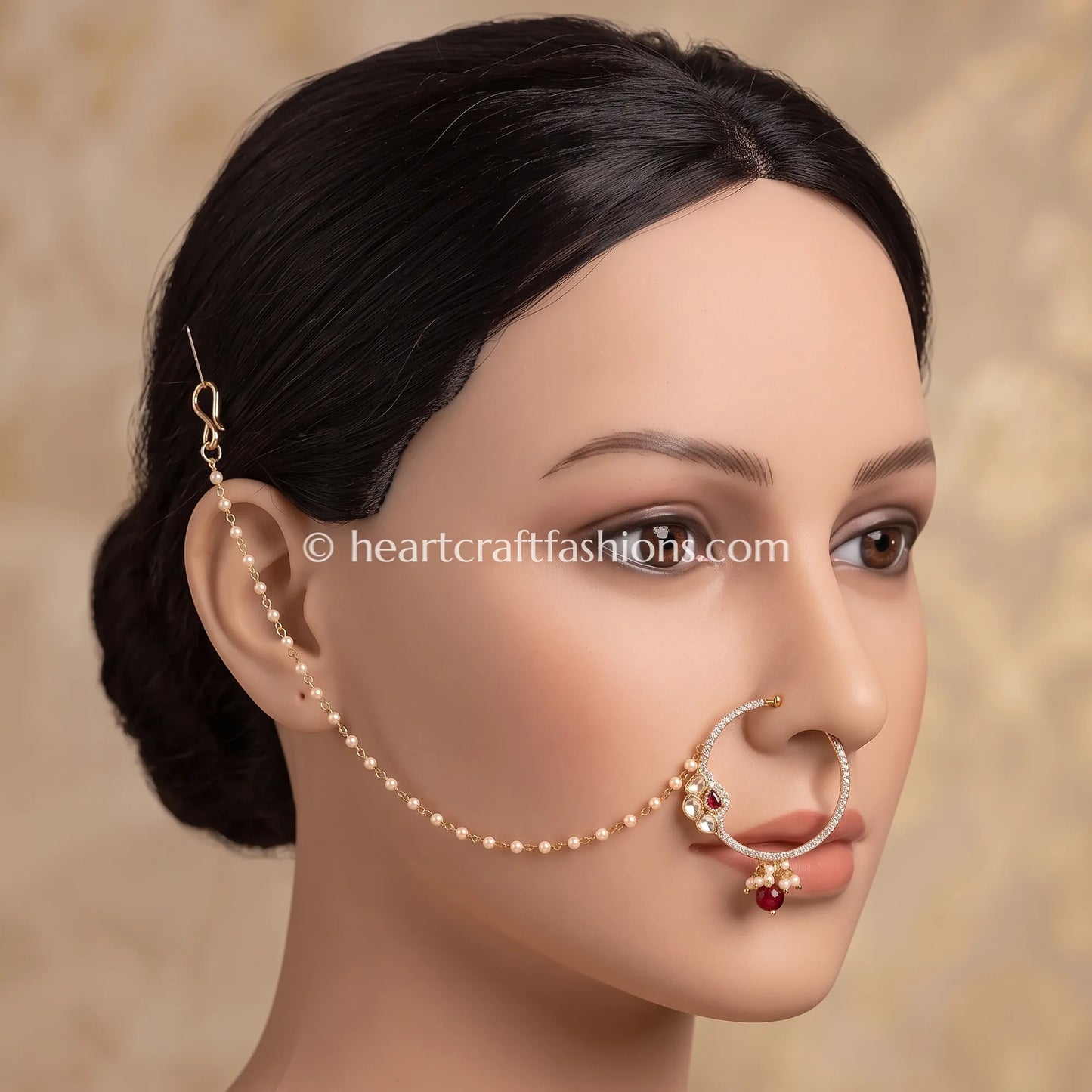 Ruby Red Sunehri Kundan Ring Nath with Pearl Chain