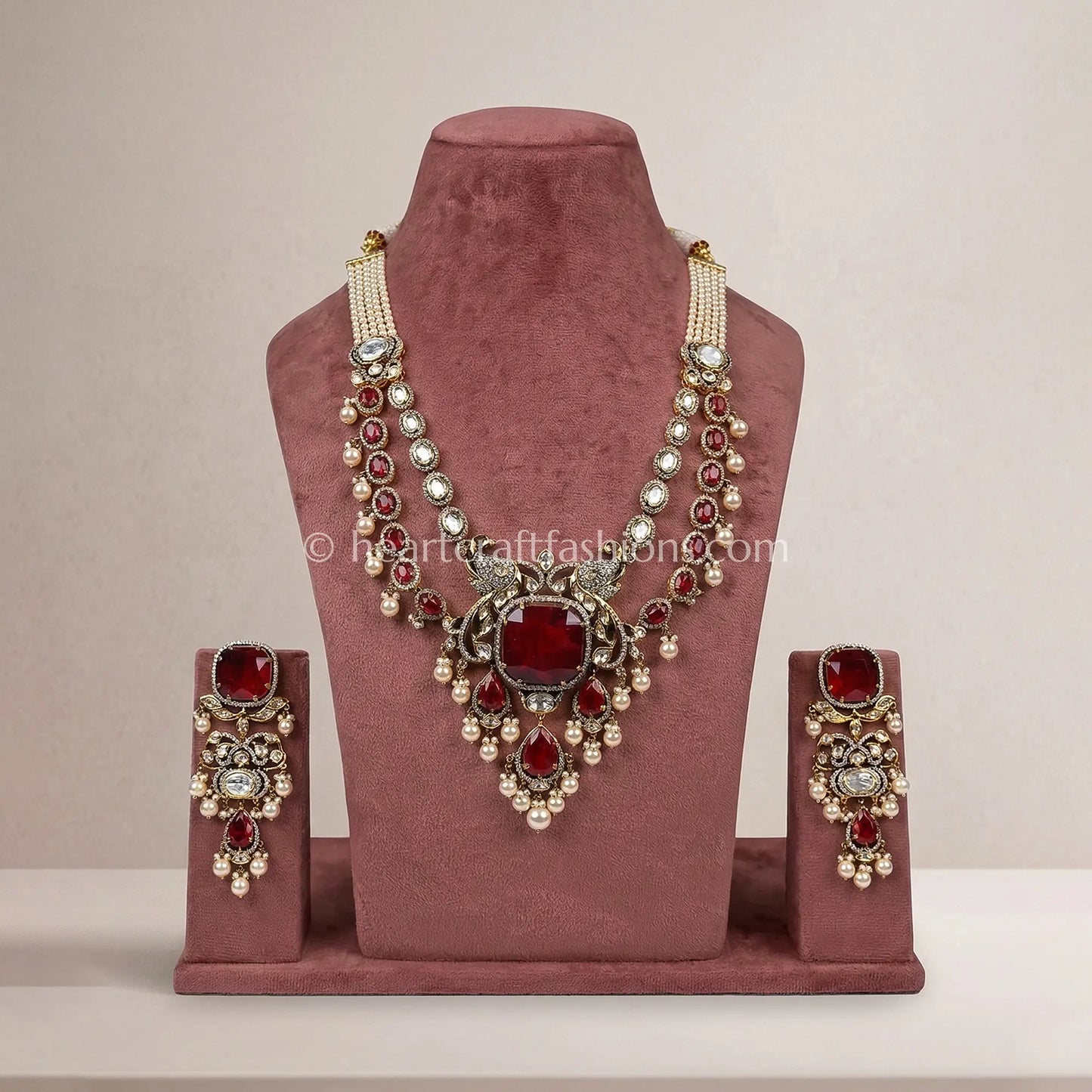 Majestic Sunehri Kundan Ruby Red Doublet Peacock Statement Necklace Set